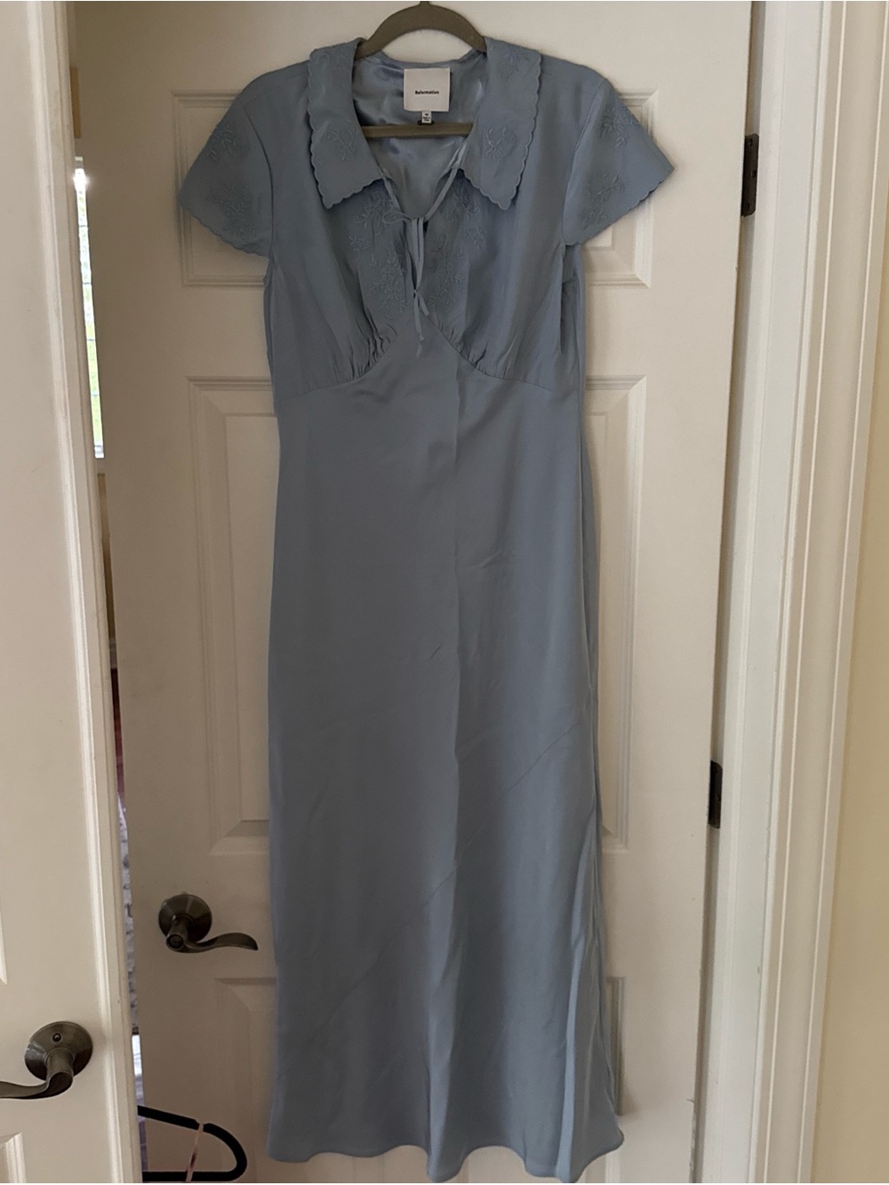 Reformation Dusty Blue Embroidered Collar Maxi Dress